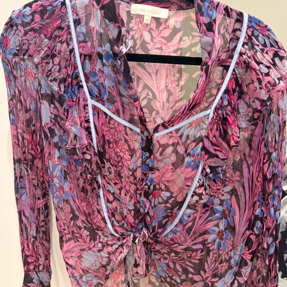 LoveShackFancy Pink Black and Blue Floral Sheer Blouse